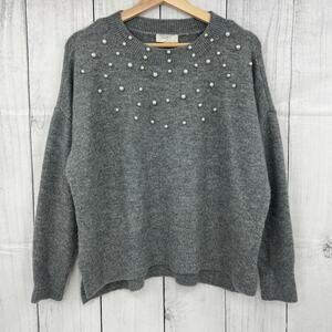 LOFT Outlet (L) Petite Womens Gray Knit Faux Pearl Softgirl Pullover Sweater